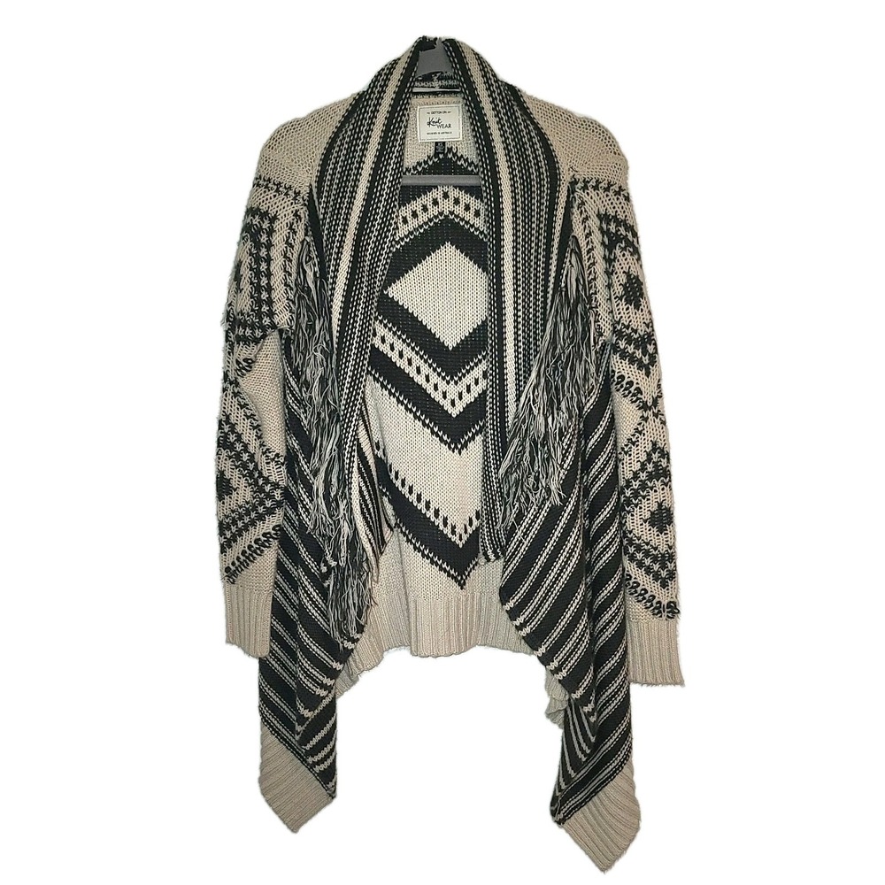 Angie Cozy Southwest Boho Fringe Black and Beige Open Cardigan Size XS Aztec